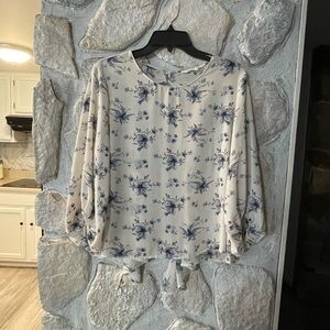 LUSH White And Blue Floral Open Back Flowy Blouse- Size Medium